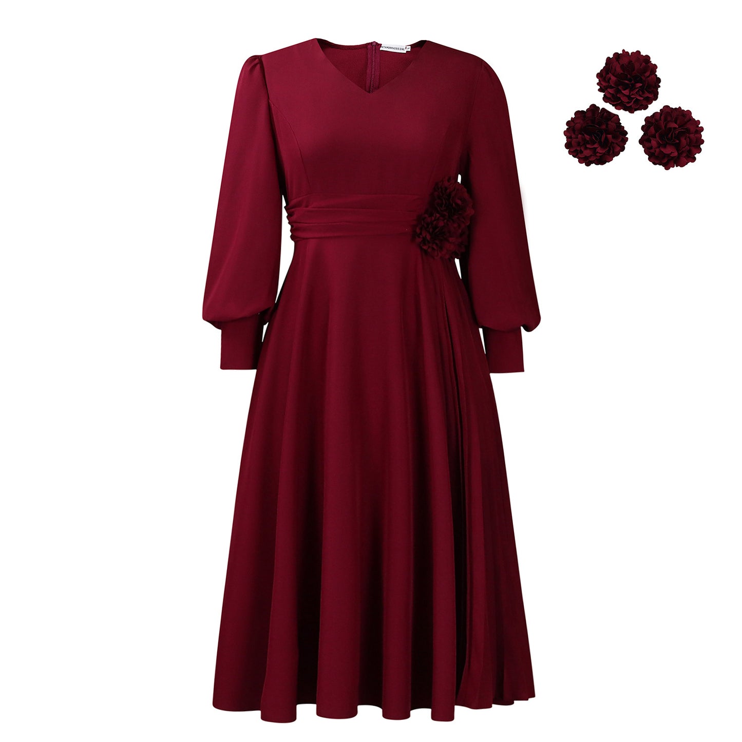 Damen elegantes Kleid mit dekorativem Blumenakzent und Faltenwurf Stalluxe