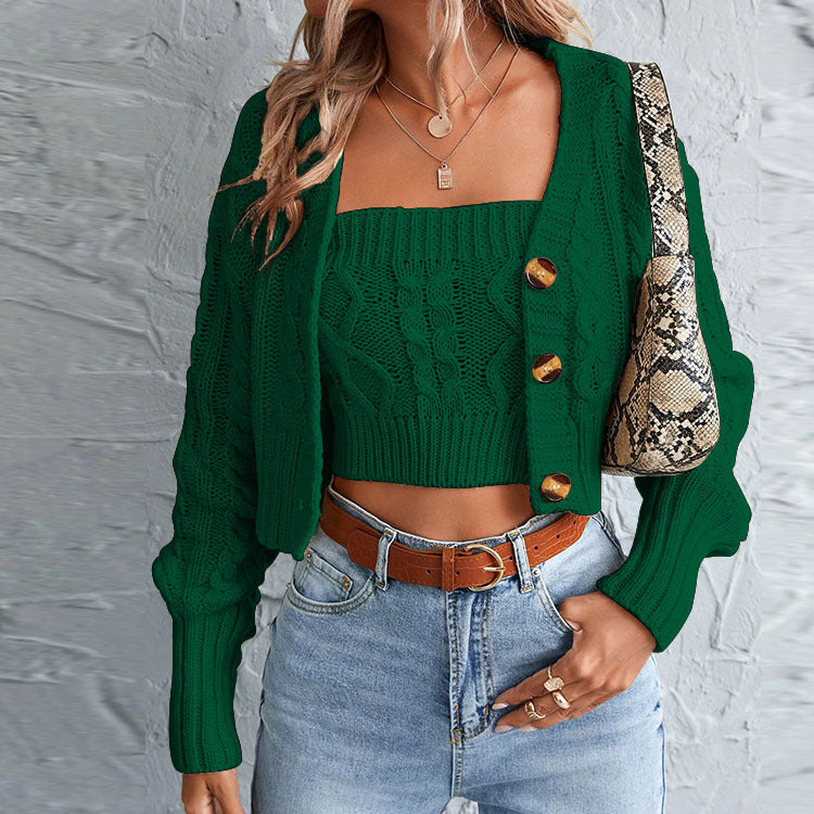 Damen lässiges Strick-Set mit offener Jacke und Crop-Top Stalluxe