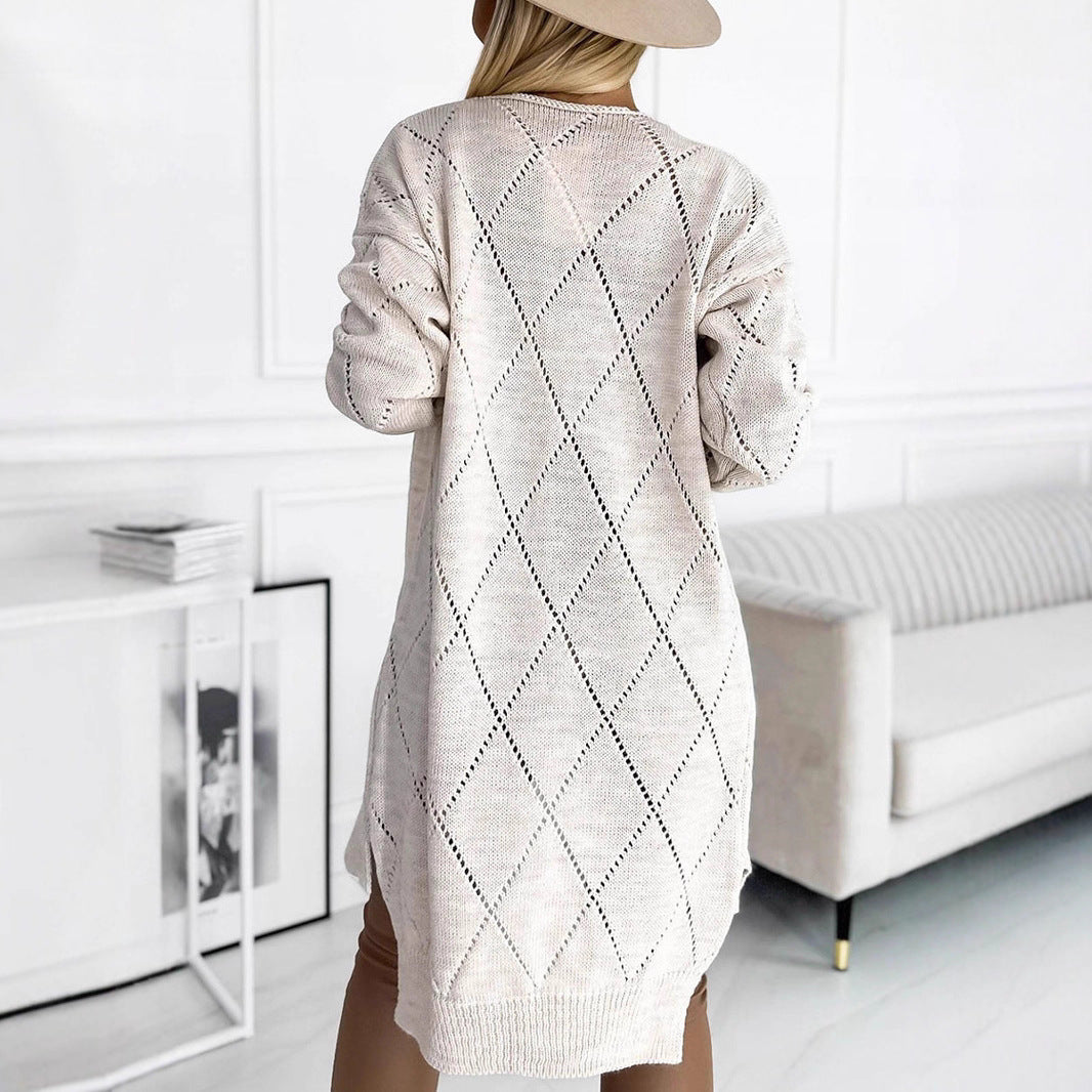 Damen Langer Strickcardigan mit elegantem Lochmuster und praktischen Taschen Stalluxe