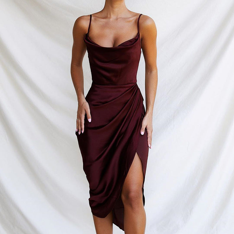 Damen Elegantes und figurbetontes Satin-Cocktailkleid mit hohem Schlitz Stalluxe