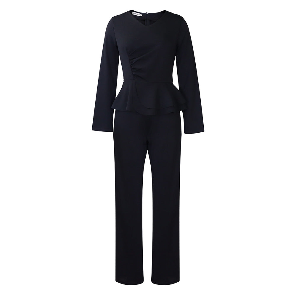 Damen Peplum Overall mit langen Ärmeln und elegantem V-Ausschnitt Stalluxe