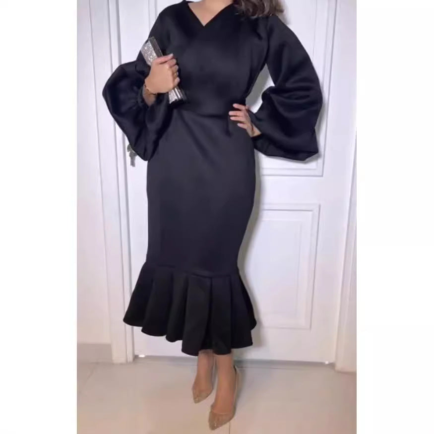Damen figurbetontes Kleid mit voluminösen Ärmeln und schwingendem Saum Stalluxe