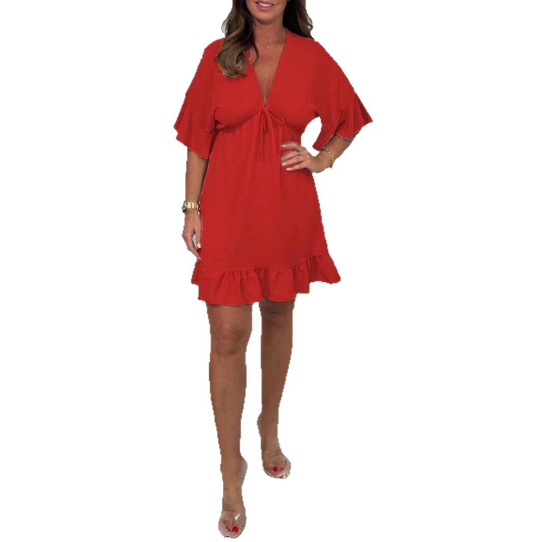 Damen lässiges Strandkleid mit voluminösen Ärmeln und Rüschensaum Stalluxe