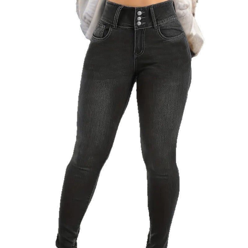Damen Hochtaillierte Slim-Fit Jeans mit Knopfdetail Stalluxe