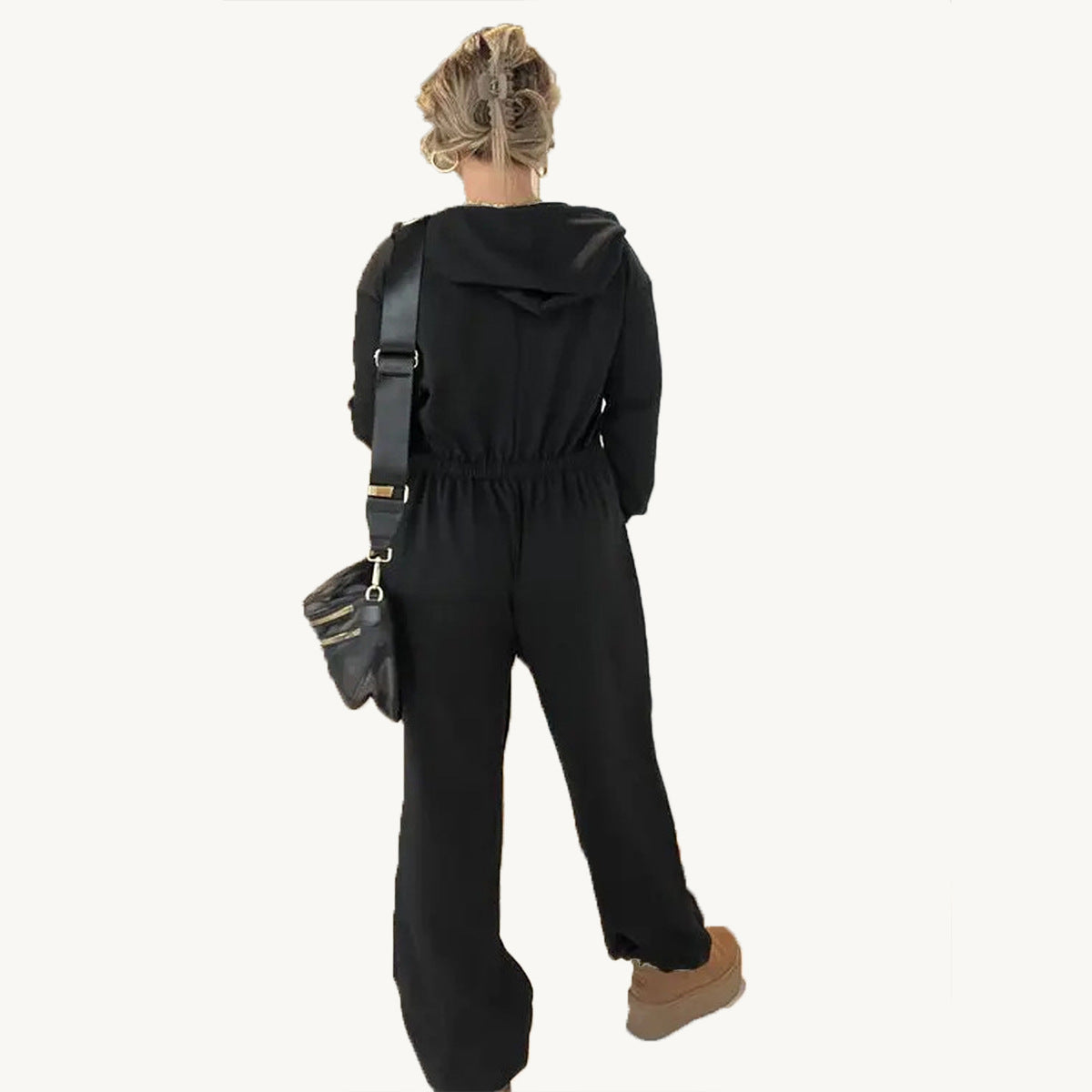 Damen bequemer Hoodie-Jumpsuit mit tiefem V-Ausschnitt und Kordelzug Stalluxe