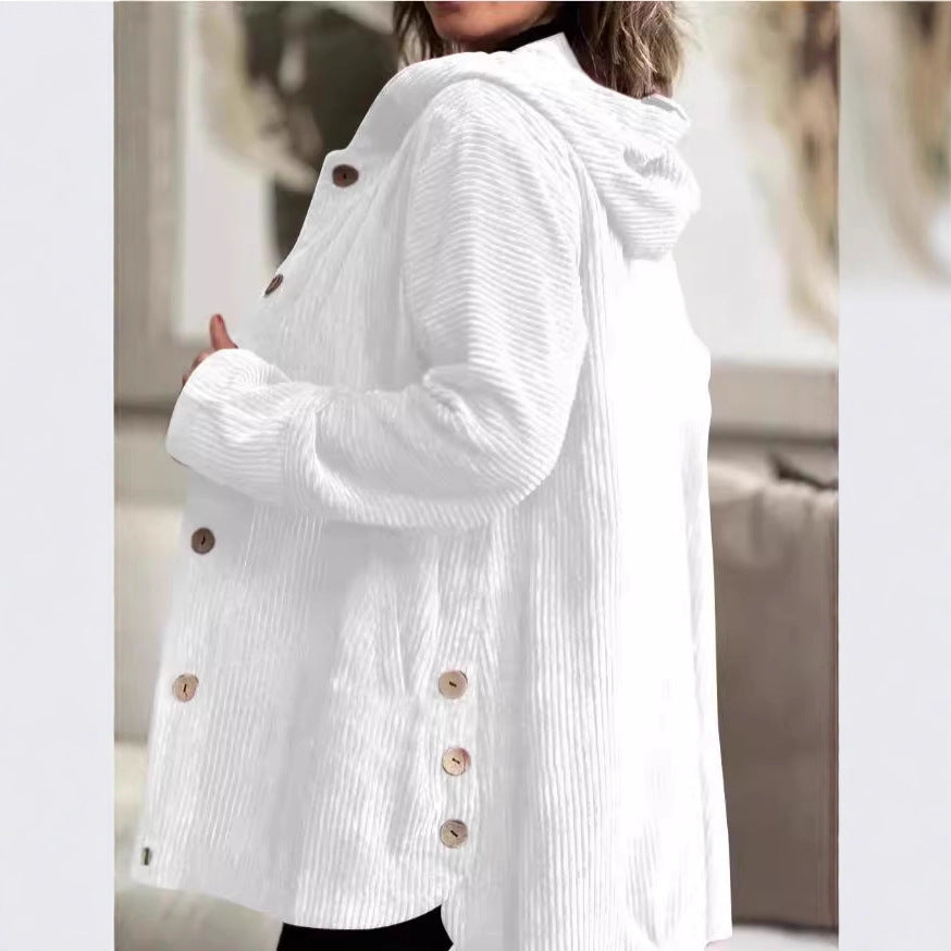 Damen Lässige cordjacke mit Kapuze und großen Knöpfen Stalluxe
