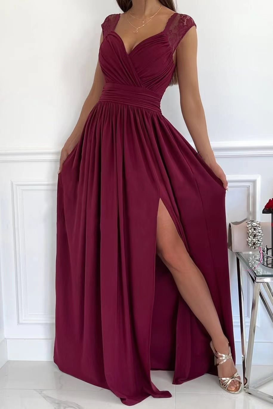Damen elegantes Maxikleid mit Spitzenärmeln und seitlichem Schlitz Stalluxe