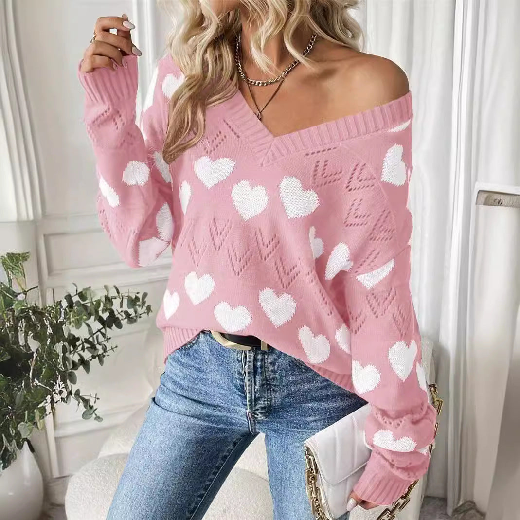 Damen kuscheliger Pullover mit herzförmigem Muster und V-Ausschnitt Stalluxe