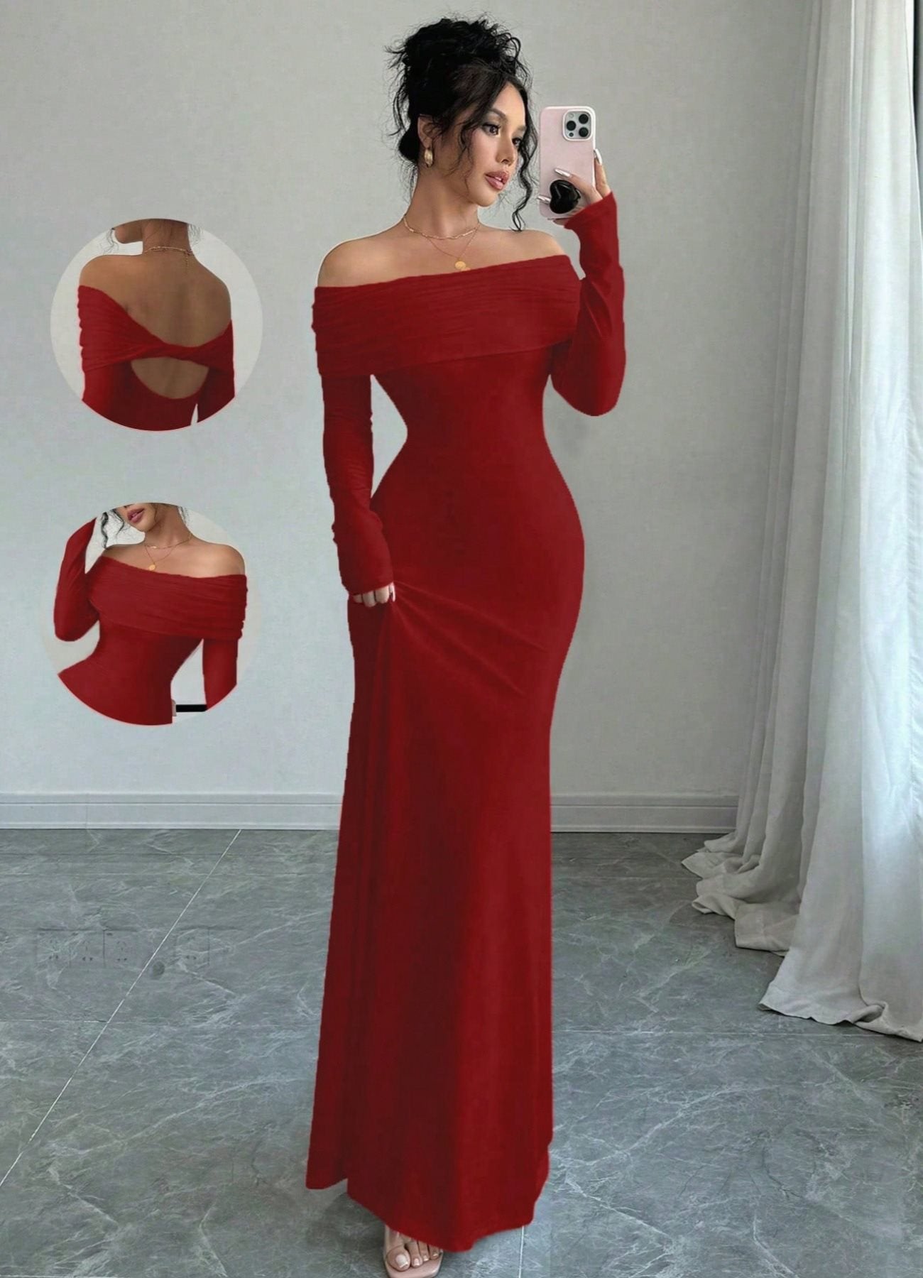 Damen elegantes Schulterfreies Langarm-Maxi-Kleid mit raffinierten Rückendetails Stalluxe