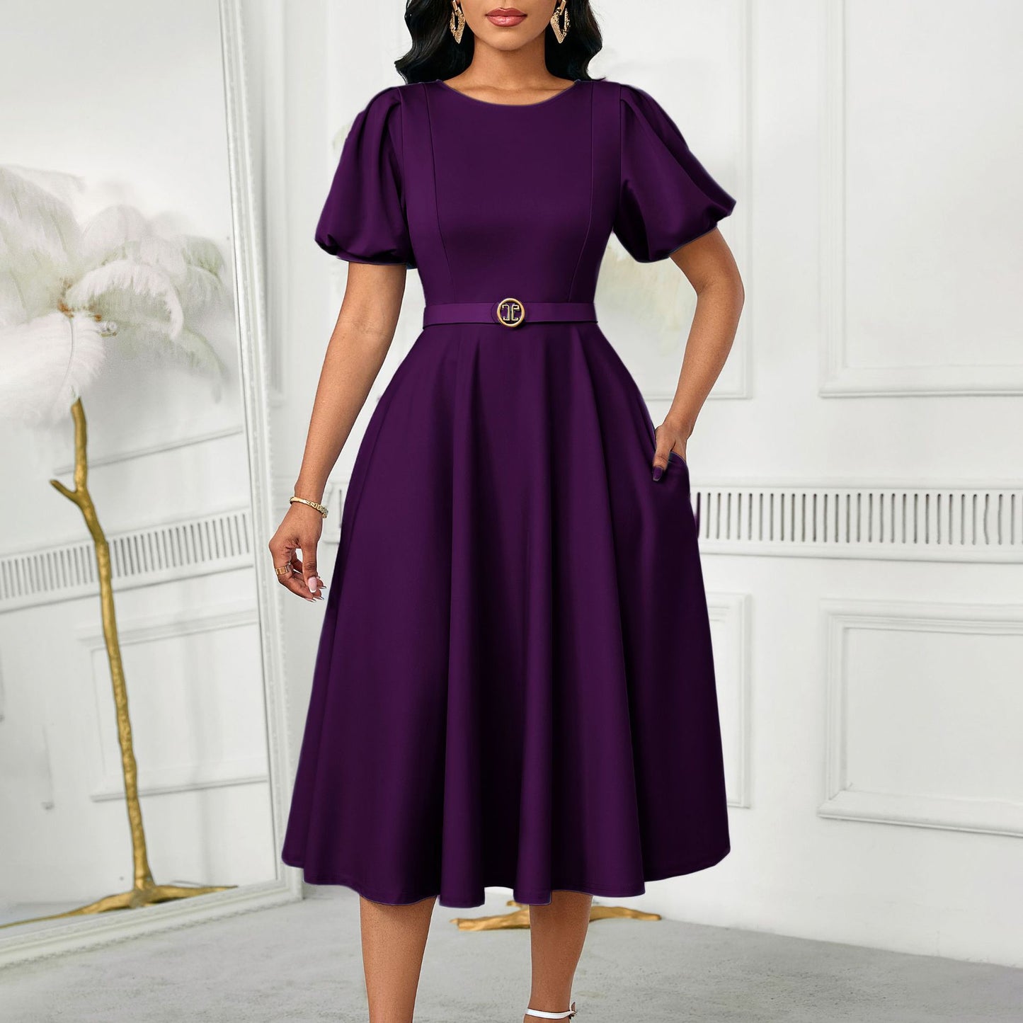 Damen Midi-Kleid mit voluminösen Puffärmeln, elegantem Taillengürtel und schwingendem Rock Stalluxe