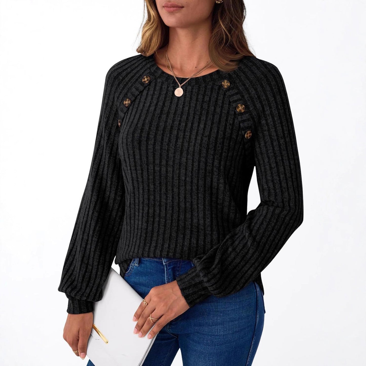 Damen Strickpullover mit dekorativen Knöpfen und feiner Rippstruktur Stalluxe