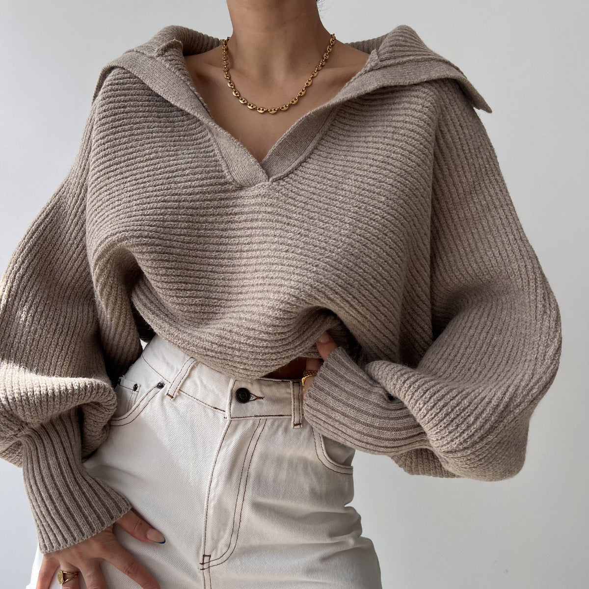 Damen cropped Strickpullover mit weitem Schnitt und angesagtem Kragen Stalluxe