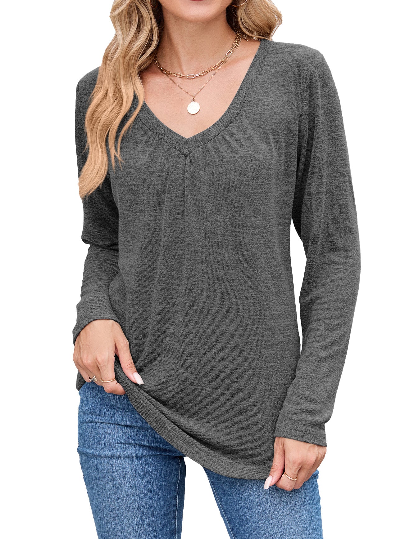Damen Langarmshirt mit raffiniertem V-Ausschnitt und Falten Stalluxe