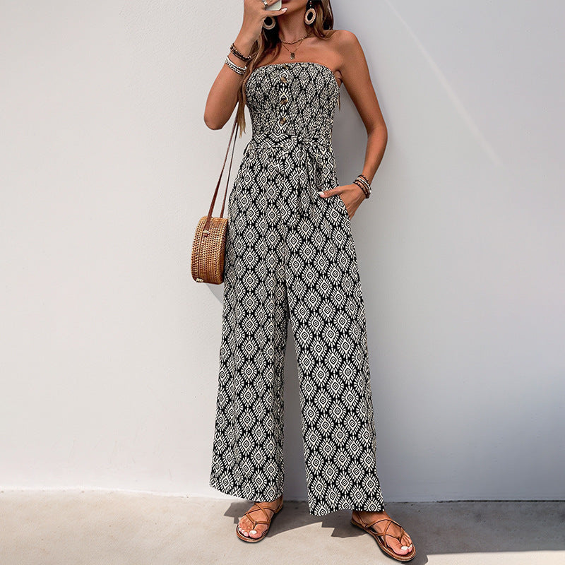 Damen Alltagsjumpsuit mit elastischem Oberteil und modischem Muster Stalluxe