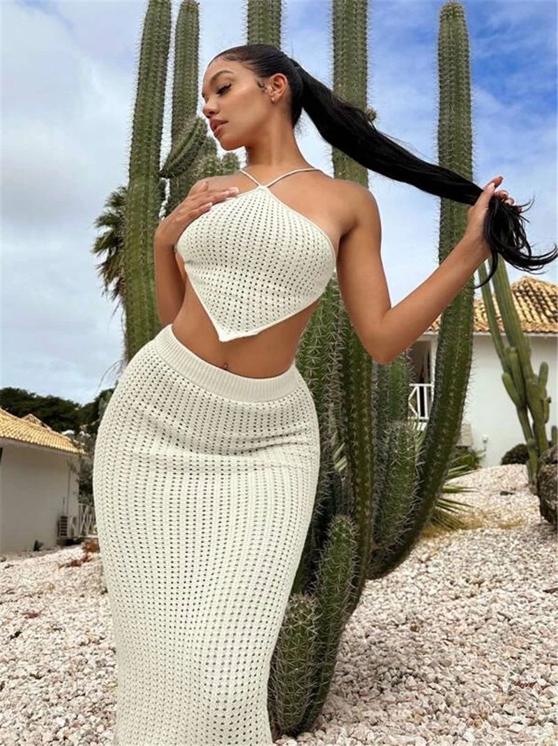 Damen Stricktop mit tiefem Ausschnitt und elastischem Midirock Stalluxe