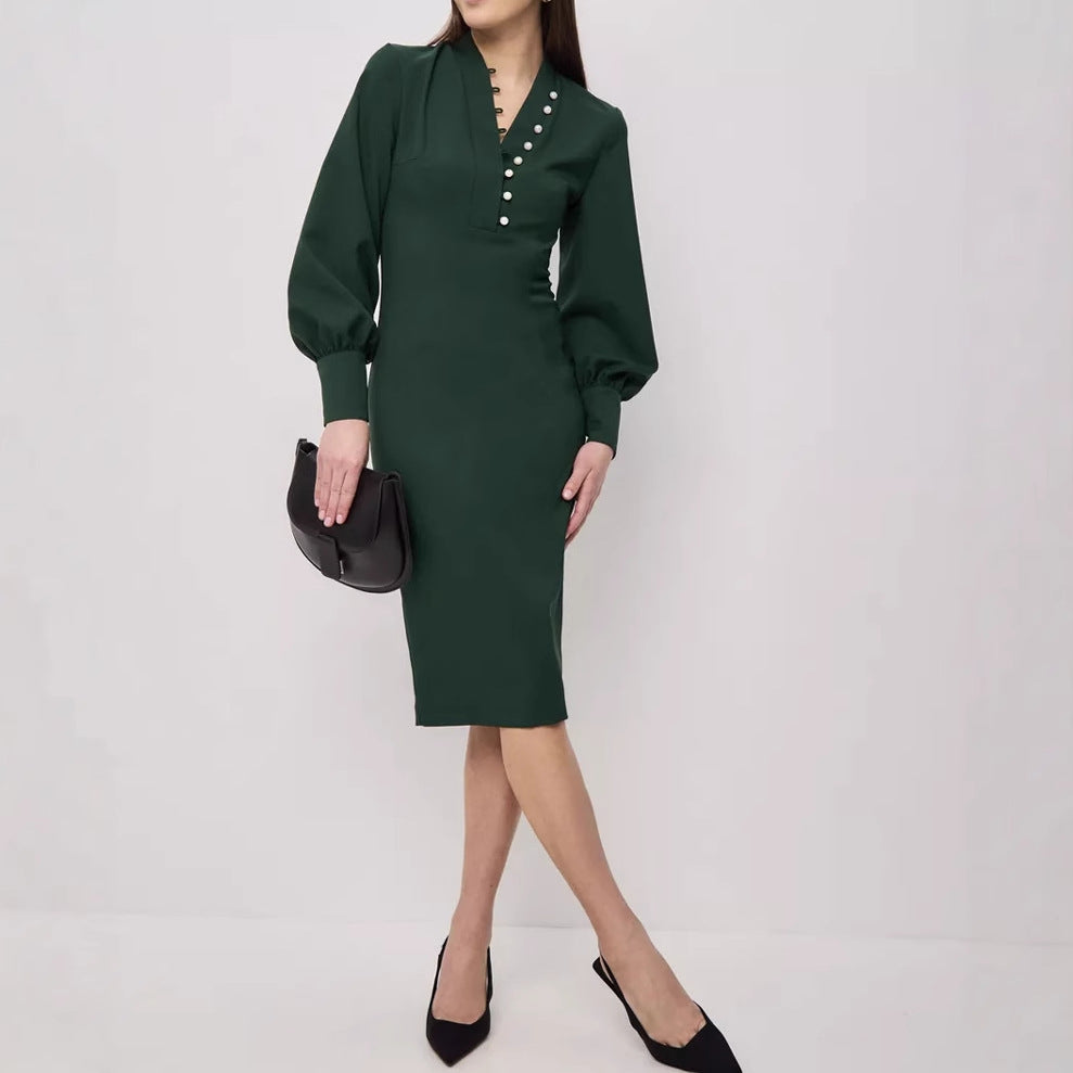 Damen elegantes Kleid mit Puffärmeln und Perlenknopfen Stalluxe