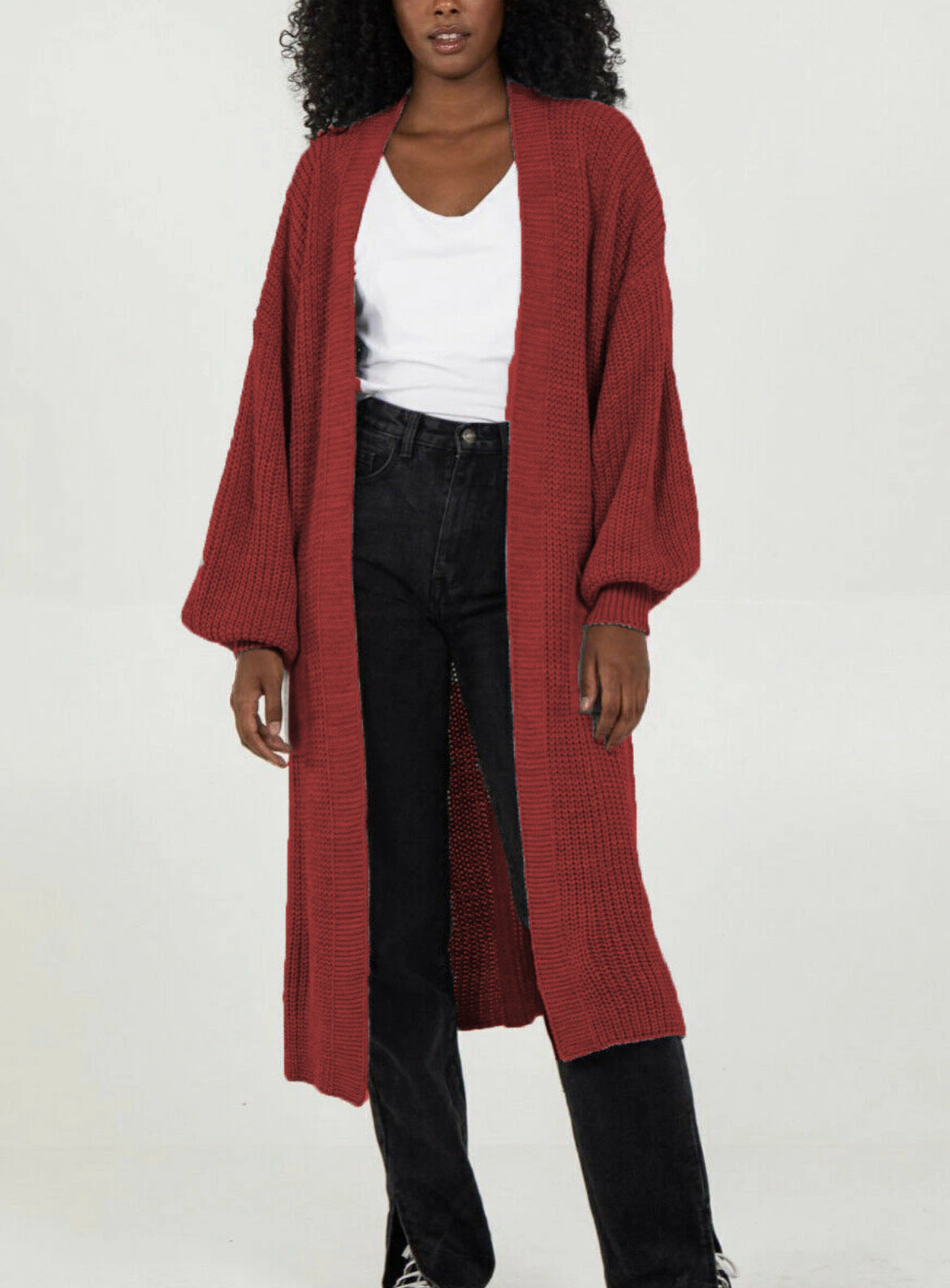 Damen Langer Strickcardigan mit voluminösen Ärmeln und offenem Schnitt Stalluxe