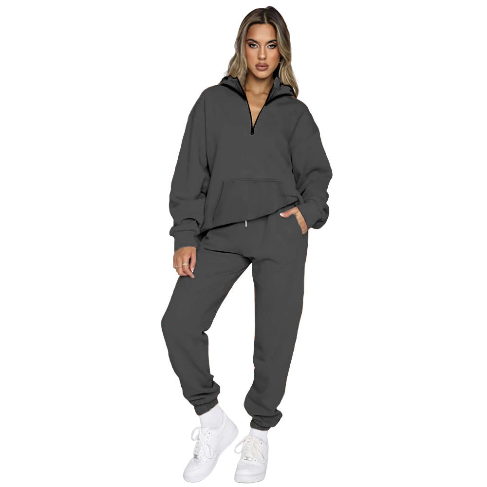 Damen gemütlicher Two-Piece Sweatsuit mit halbem Reißverschluss und praktischen Taschen Stalluxe
