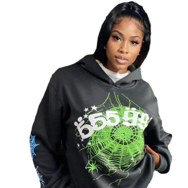 Damen Kapuzenpullover mit kreativem Spinnennetz-Design und modischem Schriftzug Stalluxe