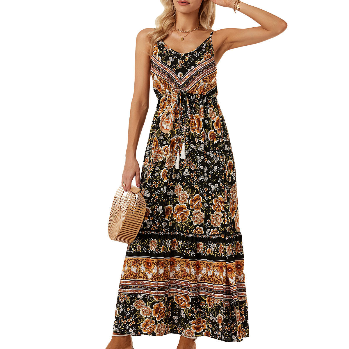 Damen luftiges Maxikleid mit verspieltem floralem Design und Taillenzug Stalluxe