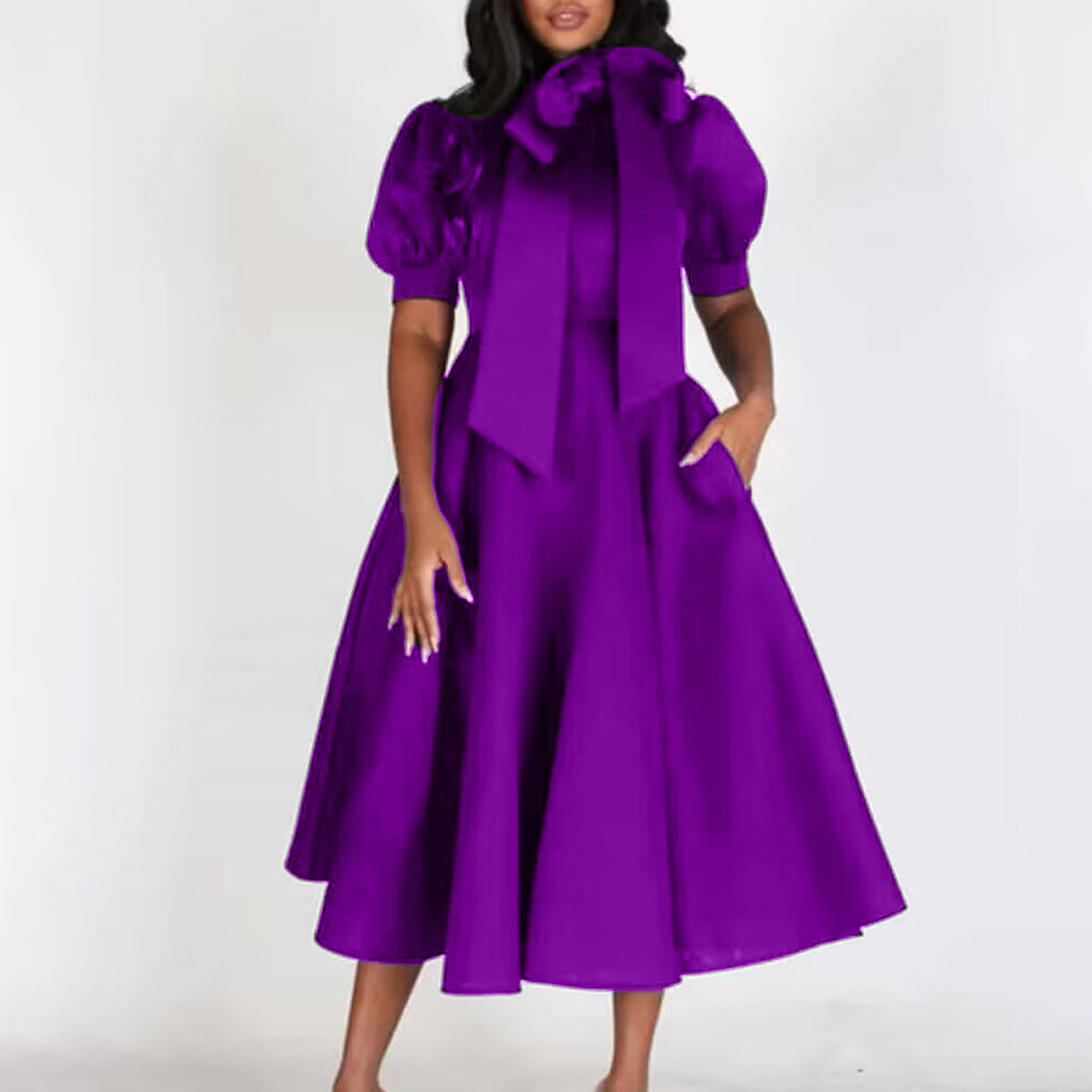 Damen Elegantes A-Linien Kleid mit Schleifenkragen und Volantärmeln Stalluxe