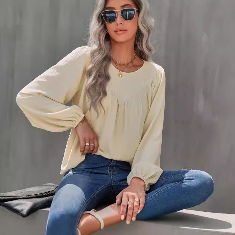 Damen lässiges Blusenshirt mit weit ausgestellten Ärmeln und feiner Rippstruktur Stalluxe