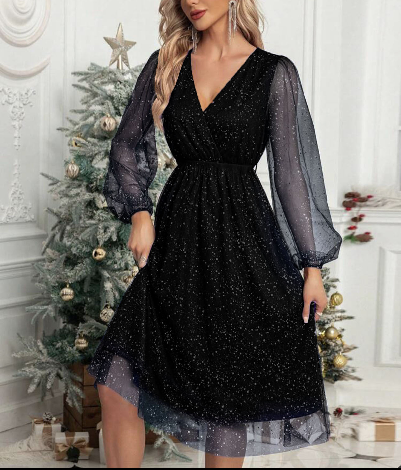 Damen Glänzende V-Ausschnitt Illusionsärmel Kleid Stalluxe