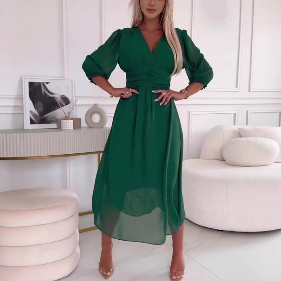 Damen Midikleid mit raffiniertem V-Ausschnitt und Puffärmeln Stalluxe