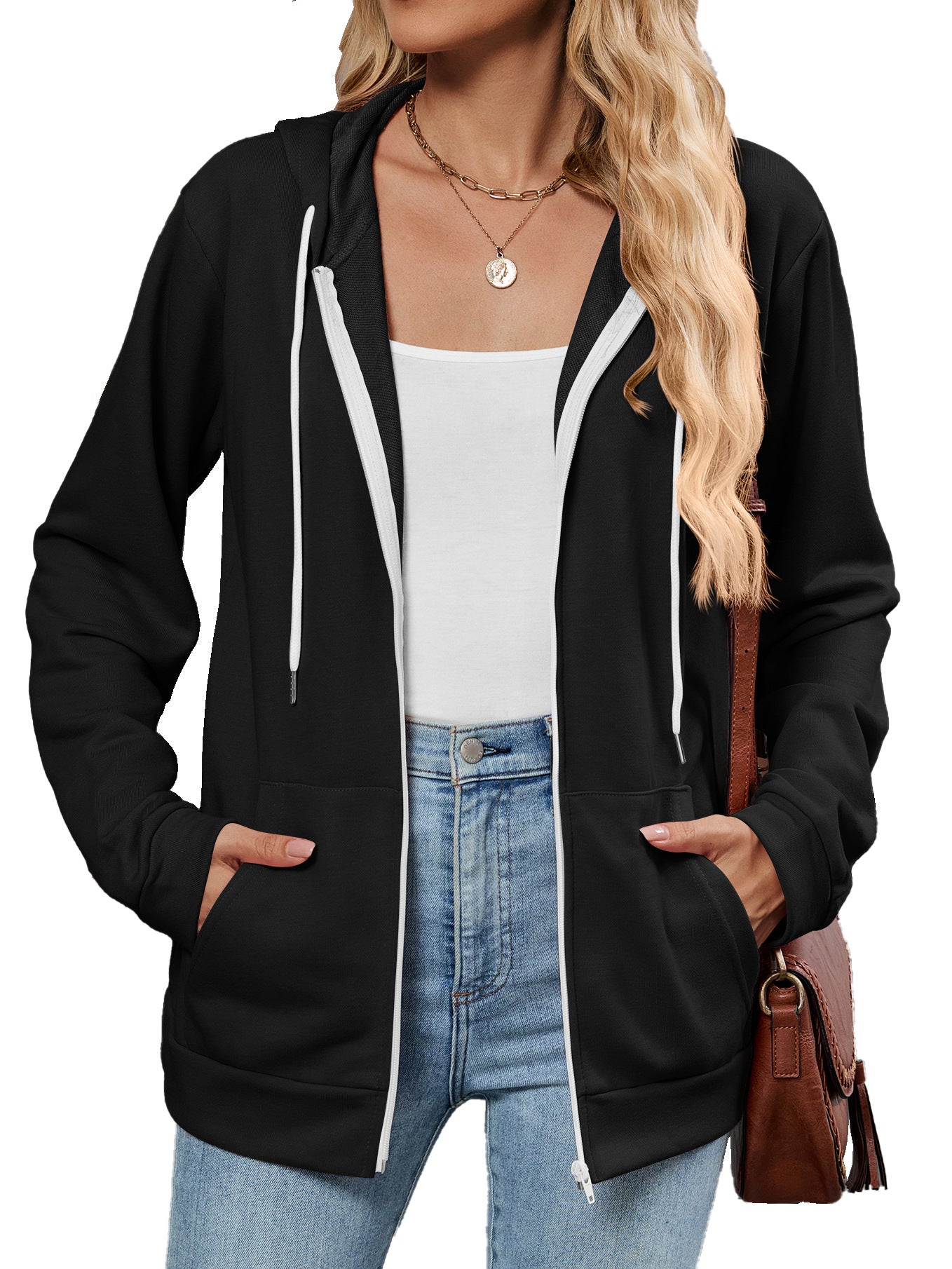 Damen Kapuzenjacke mit seitlichen Eingrifftaschen und kontrastierenden Reißverschlüssen Stalluxe