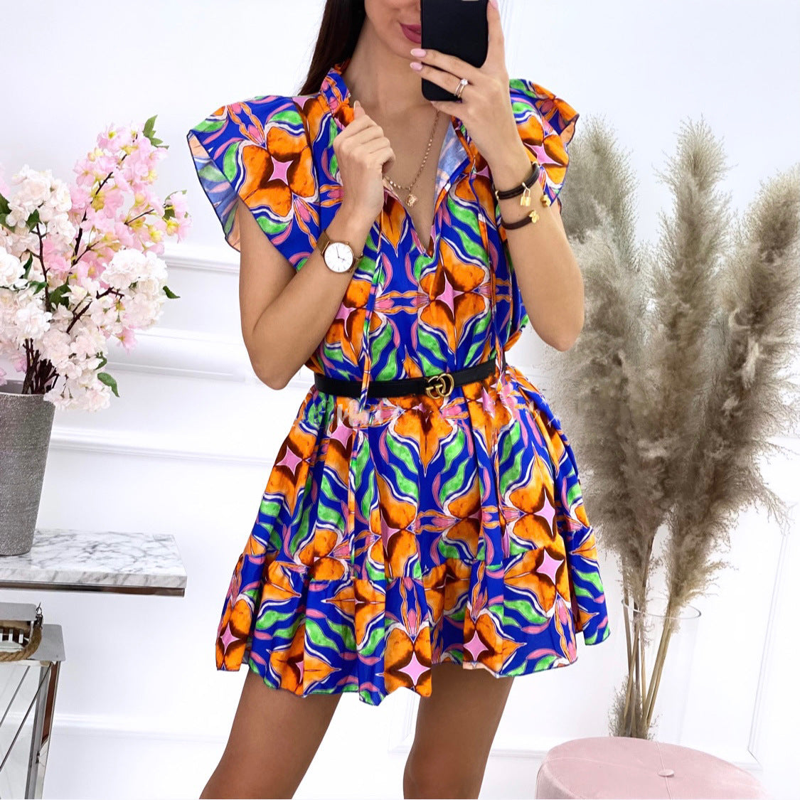 Damen Kurzes Hemdblusenkleid mit voluminösen Ärmeln und floralem Druck Stalluxe