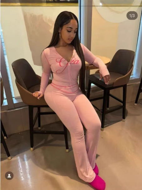 Damen Langärmliger Jumpsuit mit Reißverschluss und figurbetontem Schnitt Stalluxe
