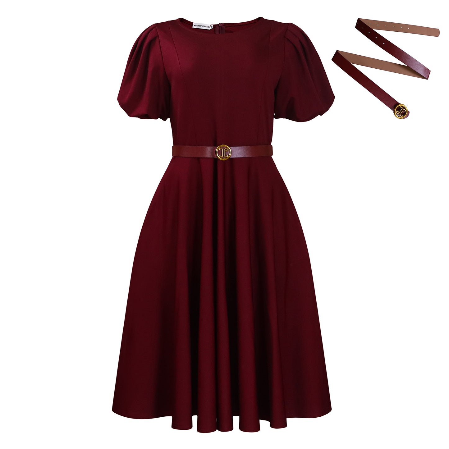 Damen Midi-Kleid mit voluminösen Puffärmeln, elegantem Taillengürtel und schwingendem Rock Stalluxe