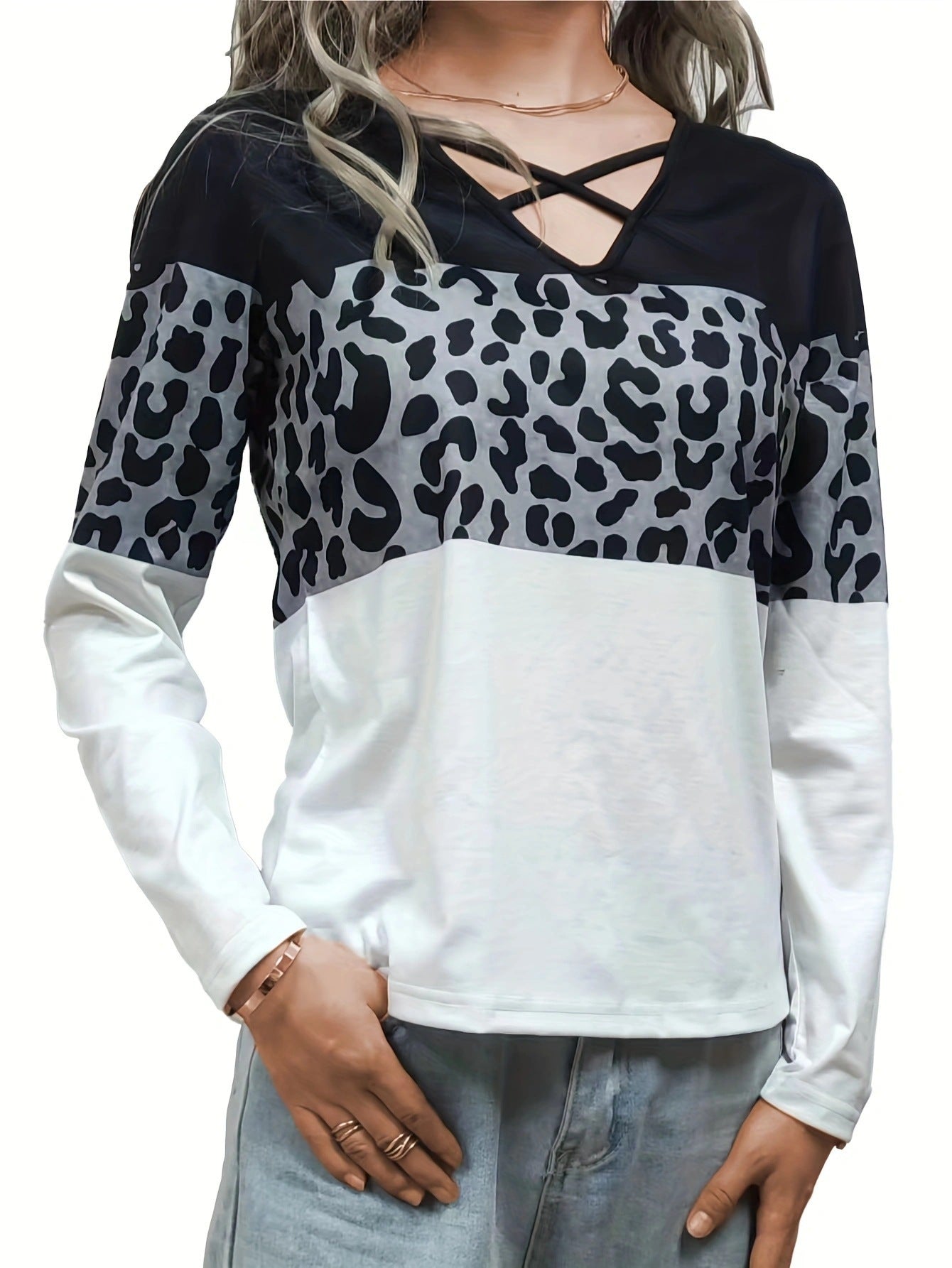 Damen lässiges Langarmshirt mit modischem Leopardenmuster und raffiniertem V-Ausschnitt Stalluxe