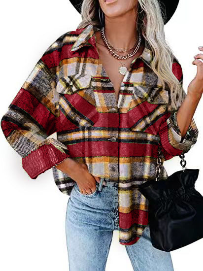 Damen Karierter Overshirt mit Knöpfen und Brusttaschen Stalluxe