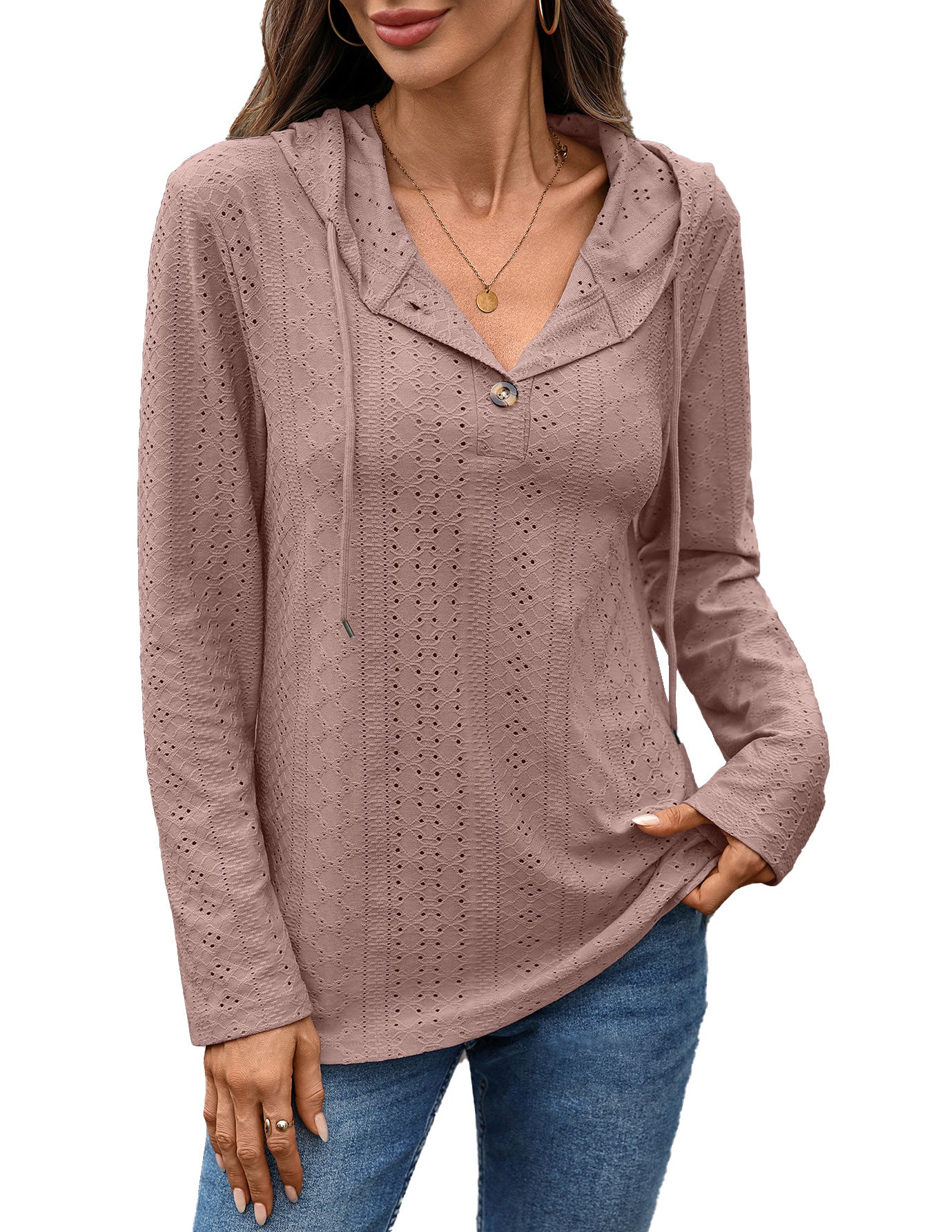 Damen Blusenshirt mit feinem Lochmuster und Kapuze Stalluxe
