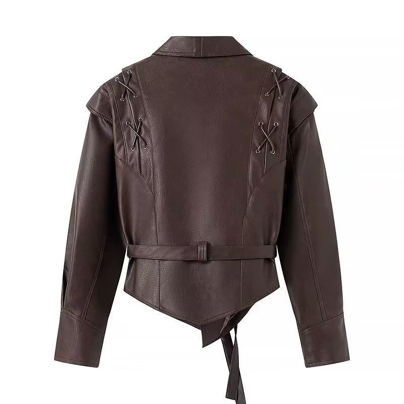 Damen Kunstlederjacke mit taillierbarem Gürtel und kontrastierenden Nähten Stalluxe