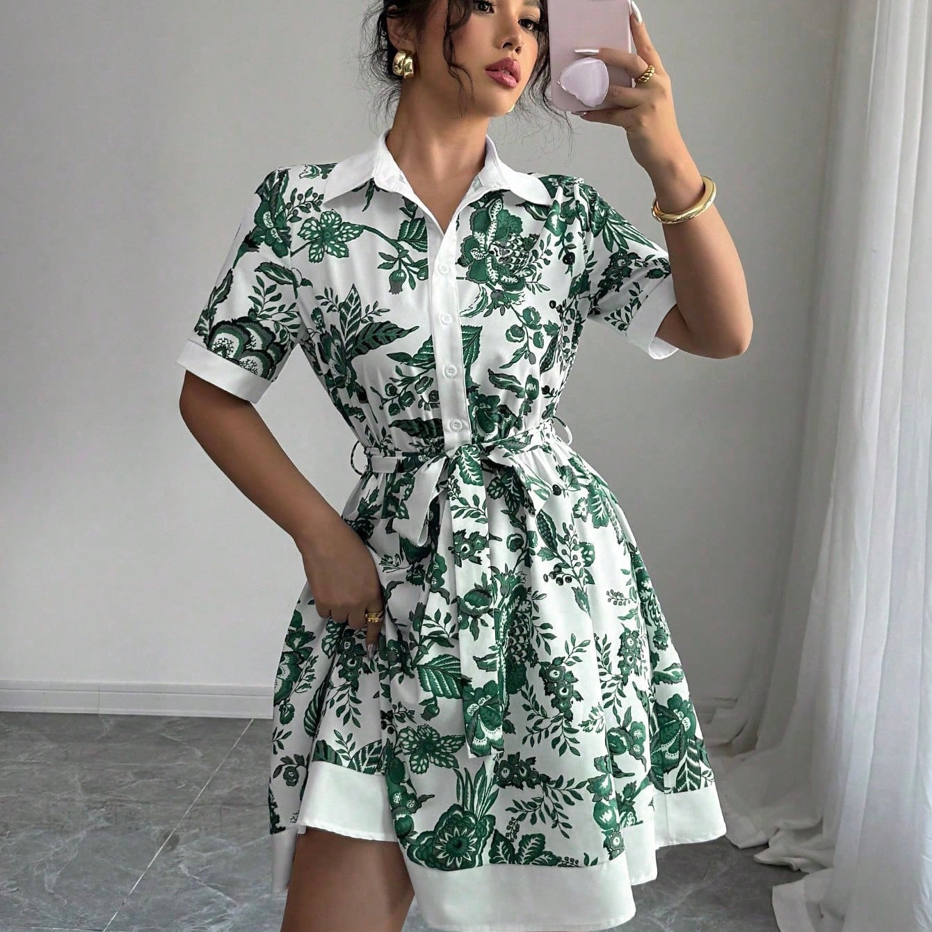 Damen Hemdblusenkleid mit floralem Muster und Taillengürtel Stalluxe