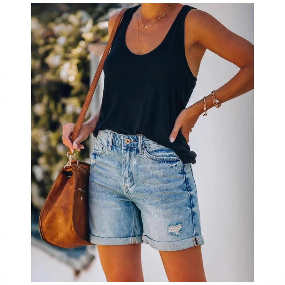 Damen lässige Denim-Shorts mit hochgekrempeltem Saum und Destroyed-Details Stalluxe