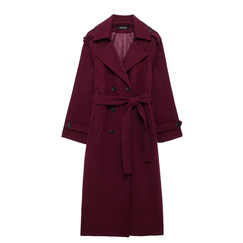 Damen Eleganter Wolltrenchcoat mit doppelter Knopfleiste und Taillengürtel Stalluxe