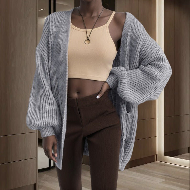 Damen Offener Strickcardigan mit voluminösen Ärmeln und praktischen Taschen Stalluxe