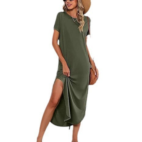 Damen Lässiges Maxikleid mit seitlichem Schlitz und feinem Rundhalsausschnitt Stalluxe