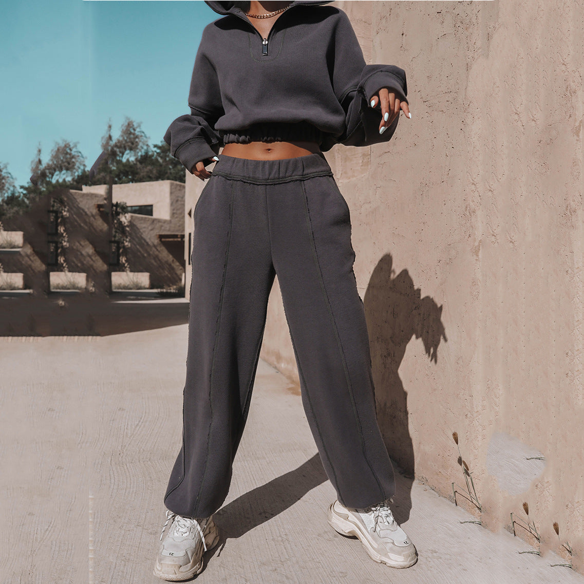 Damen lässiger Hoodie mit Reißverschluss und Rüschensaum Stalluxe