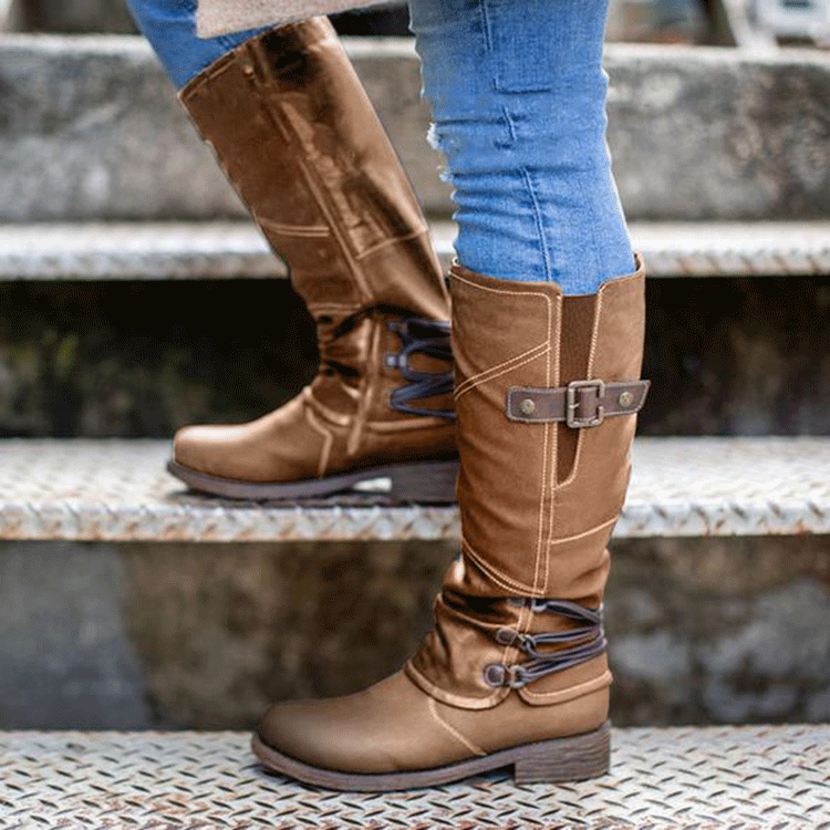 Damen hohe Lederstiefel mit dekorativen Schnallen und elastischen Riemen Stalluxe