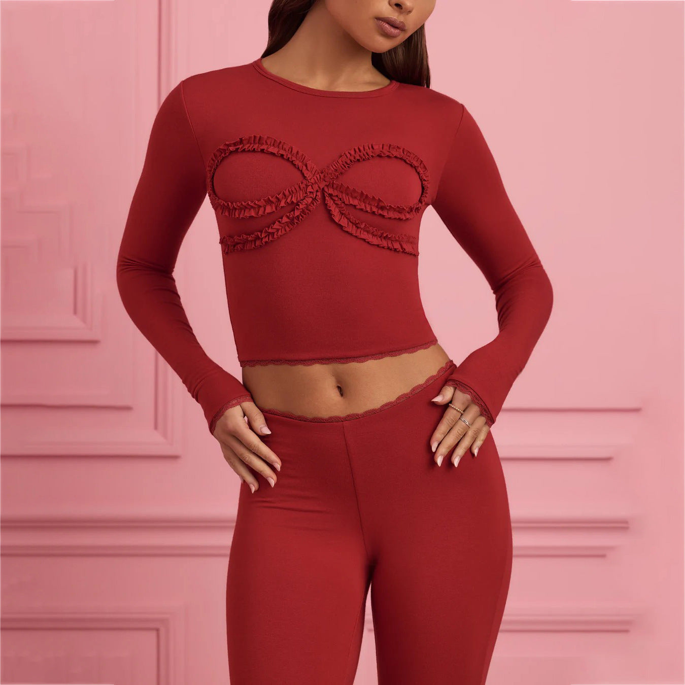 Damen körperbetontes Langarm-Crop-Top mit Rüschendetails Stalluxe Rot