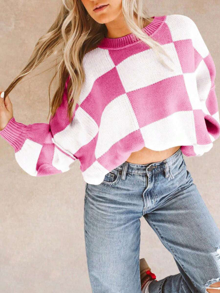 Damen lässiger pullover mit Karo-Muster und weiten Ärmeln Stalluxe