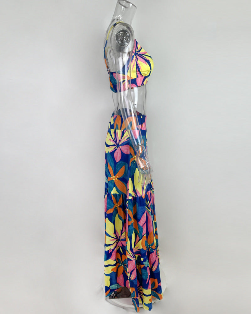 Damen Maxi-Rock mit kurzem Oberteil und buntem Blumenmuster Stalluxe