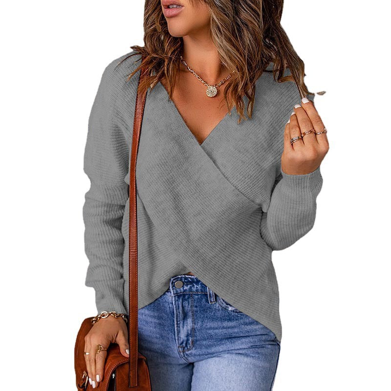 Damen lässiger Wickel-Pullover mit tiefem V-Ausschnitt und strukturiertem Gewebe Stalluxe
