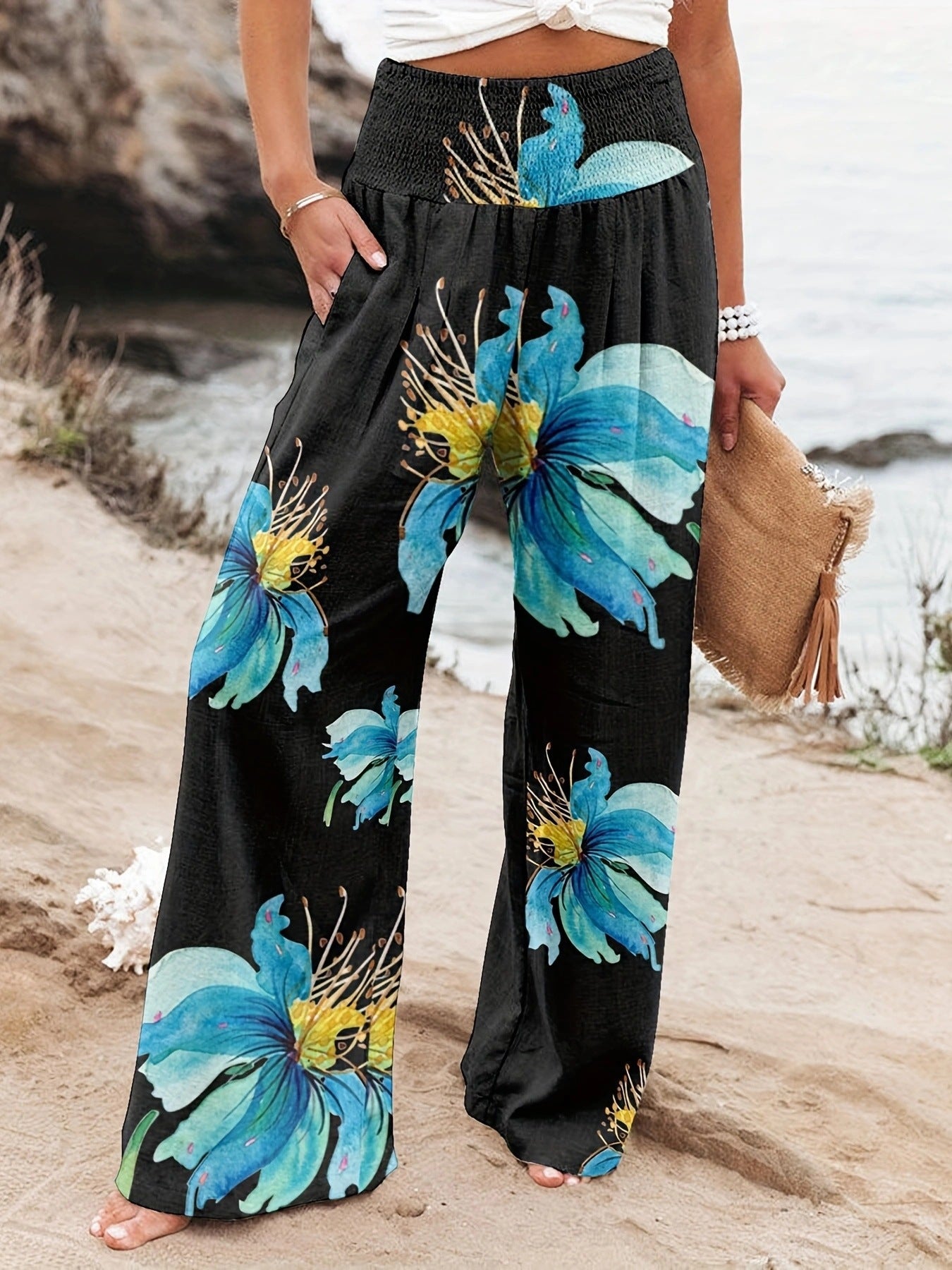 Damen Weit geschnittene Sommerhose mit floralem Print und elastischem Bund Stalluxe