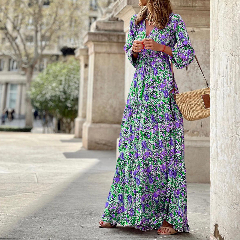 Damen Maxikleid mit gebundenem V-Ausschnitt und voluminösen Ärmeln Stalluxe