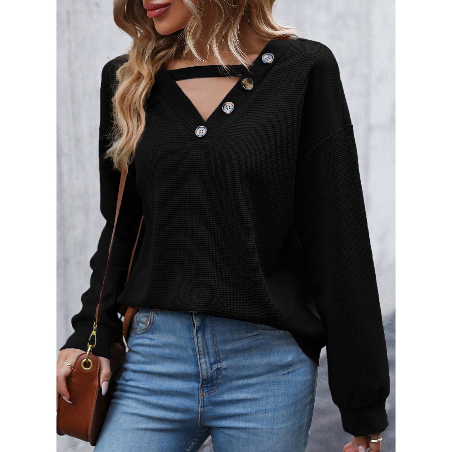 Damen Lässiger Hoodie mit dekorativen Knöpfen und tiefem V-Ausschnitt Stalluxe